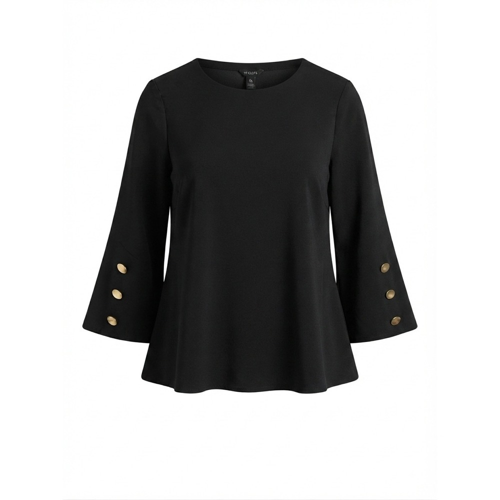 Ann Taylor Classic Black 3/4 Bell Sleeve Gold Button Minimalist Chic Blouse SP